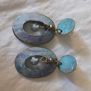 Dangle‎ Earrings Oval Aqua Blue Purple Bead Center Modern Art Jewelry